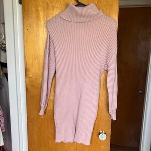 Ribbed Turtleneck Sweater Dress in Dusty Pink